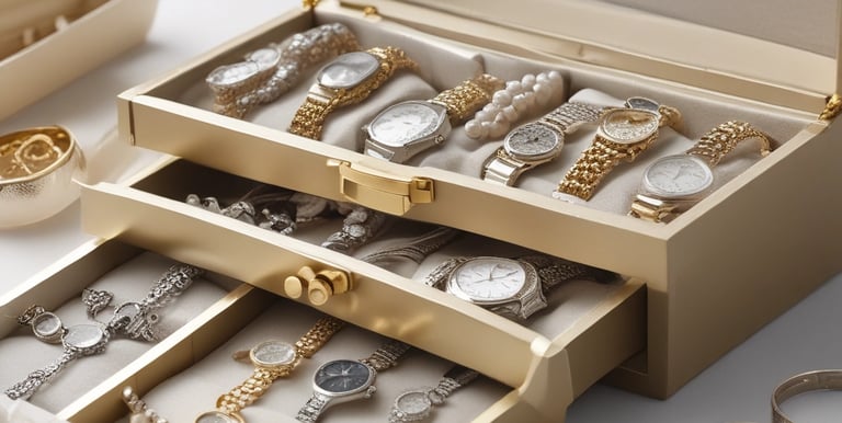 An elegant display of fine jewelry and antique silverware arranged on a wooden table.