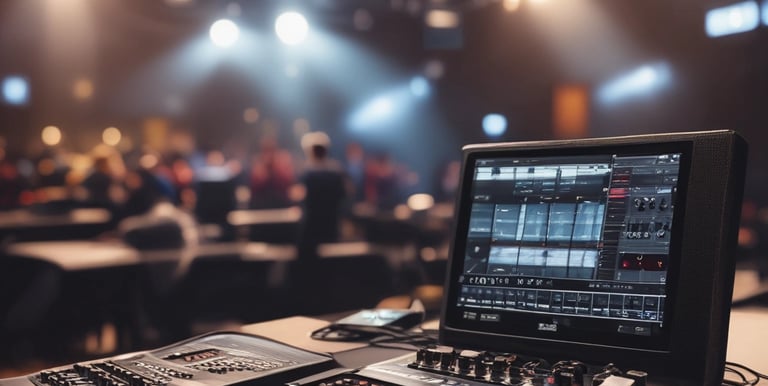 A sleek corporate event setup at The Hub 139 rooftop with ambient lighting and modern AV equipment.