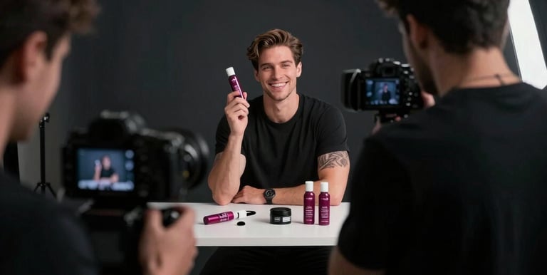 A behind-the-scenes shot of a wellness brand collaborating with an influencer in a bright studio.