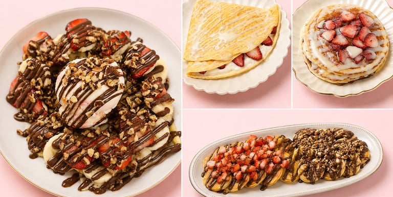Variedad de dulces para el desayuno, que incluyen panqueques bañados en chocolate, crepas con fresas