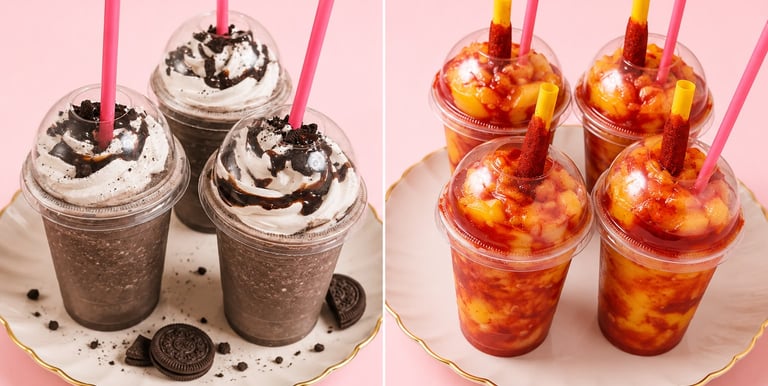 Batidos de galletas de chocolate con crema y mangonadas de mango picantes con tajín