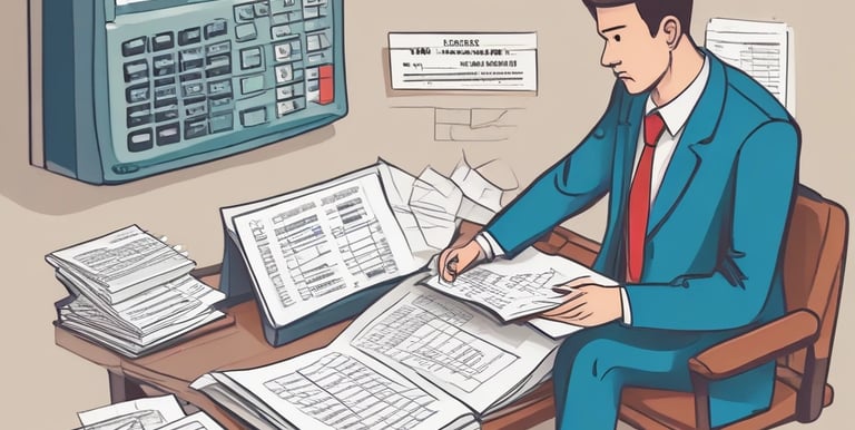 A professional accountant reviewing financial documents with a laptop and calculator on a clean desk.