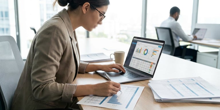Profissional analisando dados de vendas para diagnóstico e identificação de oportunidades comerciais