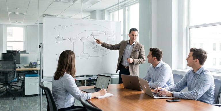 Equipe estruturando processo de vendas com funil e planejamento estratégico em ambiente corporativo