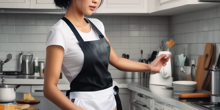A professional cleaner in green gloves using eco-friendly products to clean a modern office desk.