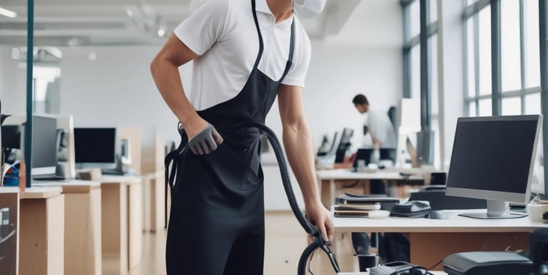A professional cleaner in green gloves using eco-friendly products to clean a modern office desk.