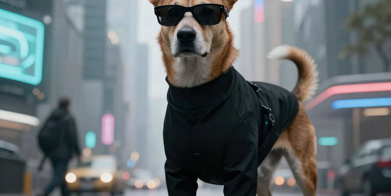 Animated .dog domain orbs swirling dynamically against a dark cyberpunk background.