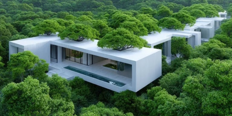 An image of a 3D adobe home model with various trees growing through the roof located in a forest.
