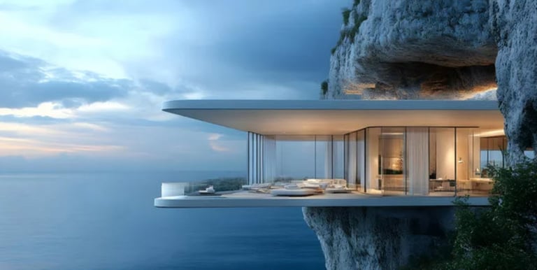 An image of a 3D hoe built with a part of the home extending out over the ocean.