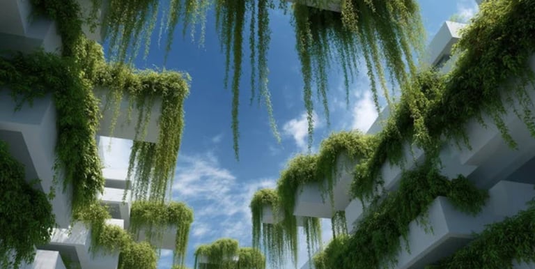 An image of a 3D apartment complex with plants hanging down over the balconies.