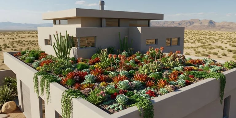 An image of a 3D adobe home model with various cacti growing on the roof located in a desert.