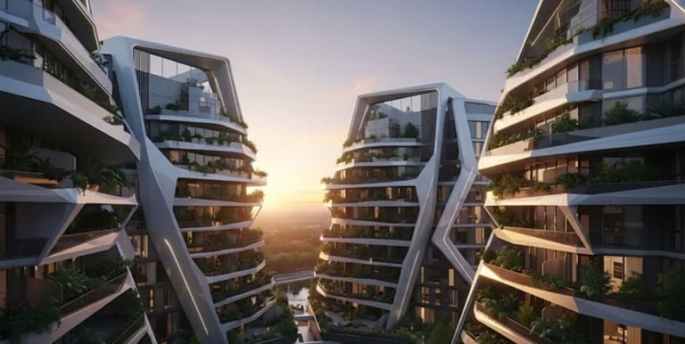 An image of a 3D apartment complex with the sun setting on the horizon.