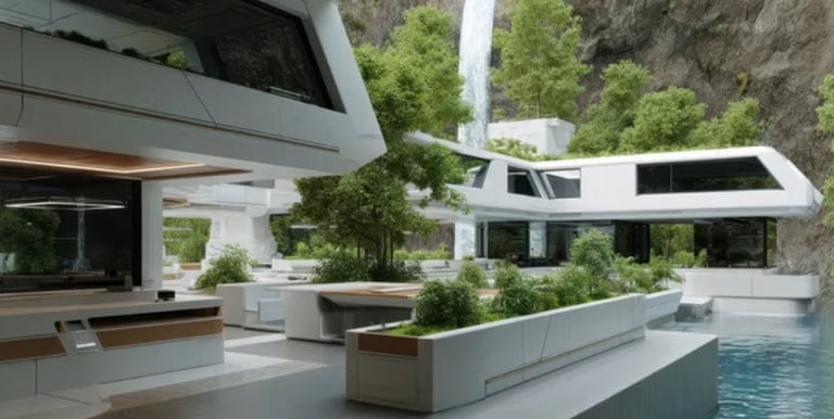 An image of a modern 3D home with trees and plants part of the landscaping.