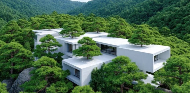 An image of a 3D adobe home model with various trees growing through the roof located in a forest.