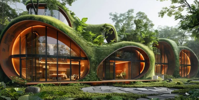 An image of a 3D adobe home model with grass growing on the roof located in the tropics.