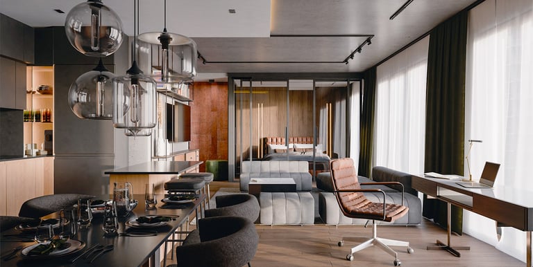 An image of an interior shown in rendered view on the computer in Blander.