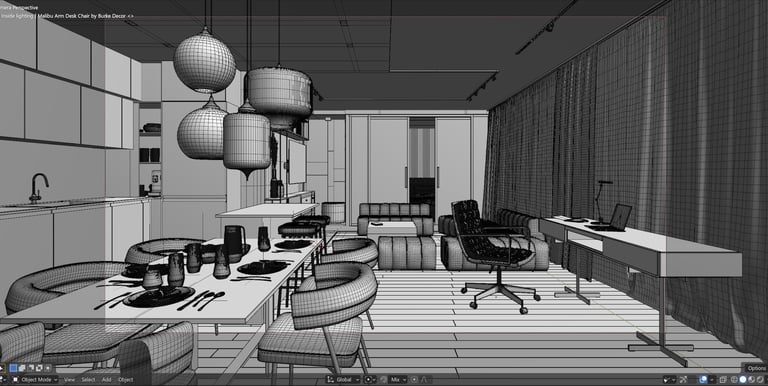An image of an interior shown in wireframe view on the computer in Blander.