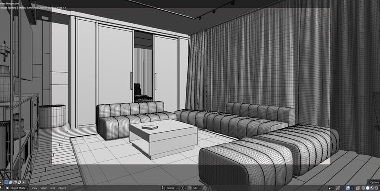 An image of a living room shown in wireframe view on the computer in Blander.