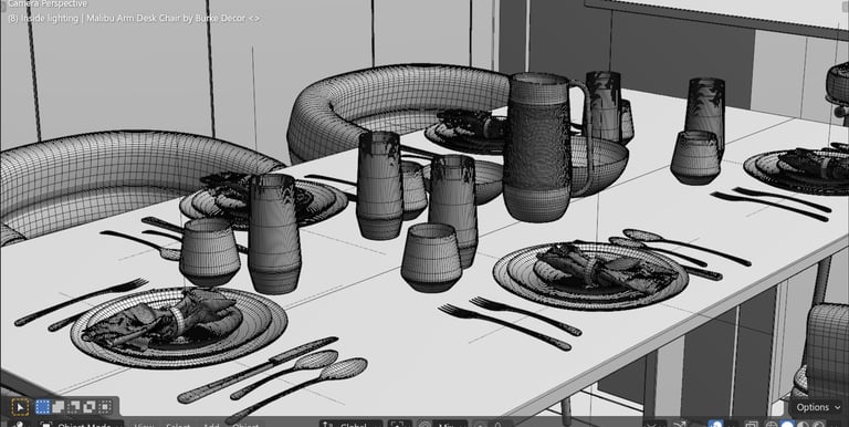 An image of a dining table with pace servings shown in wireframe view on the computer in Blander.