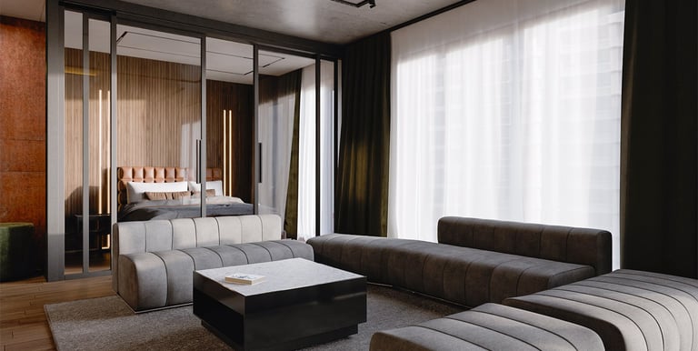 An image of a living room shown in rendered view on the computer in Blander.