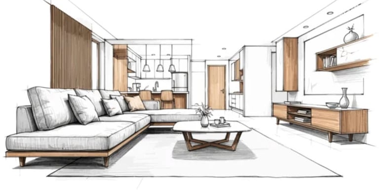 A rendering of the interior of a home done in a preliminary sketch style.