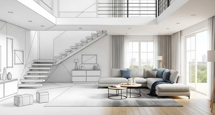 A rendering of a home that has line art on the left, and photorealism on the right.