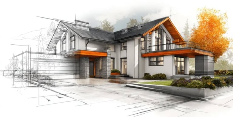 A rendering of a home that has line art on the left, and photorealism on the right.