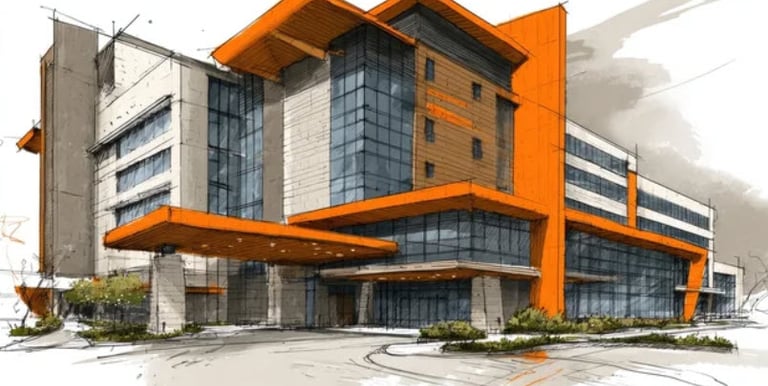 A rendering of the exterior of an apartment done in a preliminary sketch style.