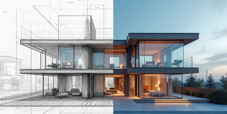 A rendering of a home that has line art on the left, and photorealism on the right.