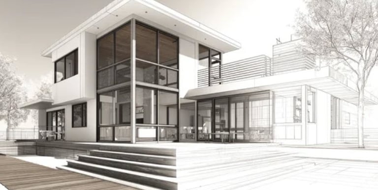 A rendering of a home that has line art on the right, and photorealism on the left.