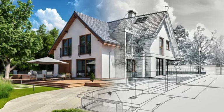 A rendering of a home that has line art on the right, and photorealism on the left.