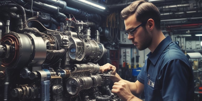 Technician fixing an arriel engine in a dark-themed workshop with blue and gray lighting