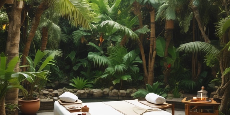 A serene spa room with soft lighting and traditional Balinese massage setup.