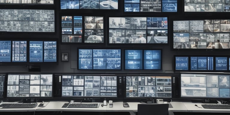 A control room with multiple screens showing security footage and monitoring systems.