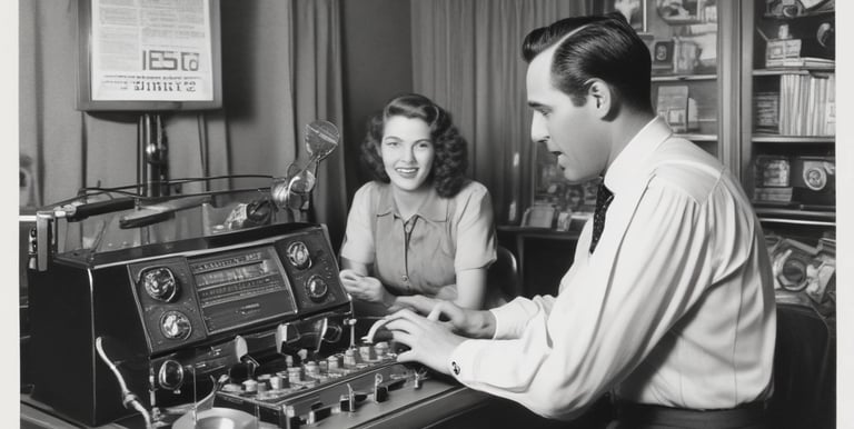 Vintage radio microphone surrounded by sheet music from the swing era.