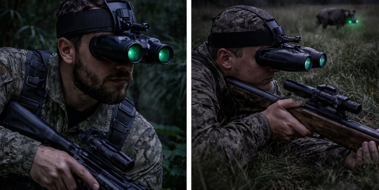 A hunter wearing tactical night vision goggles while aiming a rifle at a wild boar in a field.