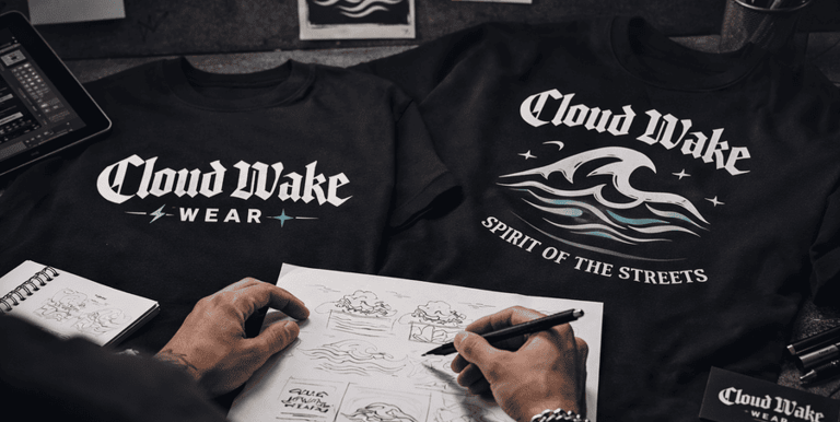 Joven creando diseños exclusivos de la marca Cloud Wake Wear