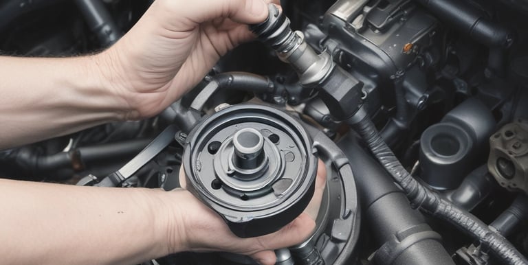 Close-up of a mechanic repairing a car steering box in a workshop.