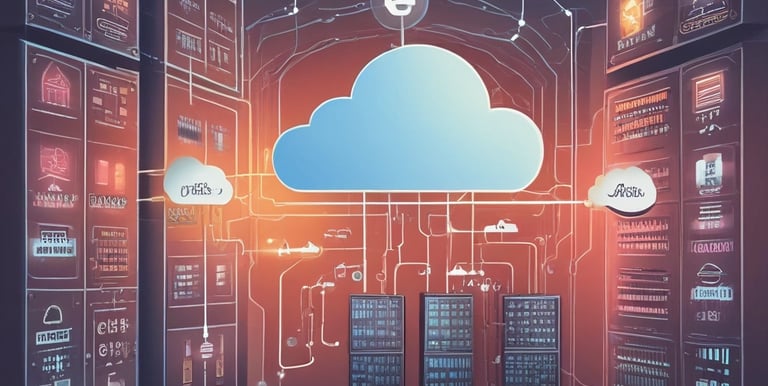 Close-up of hands working on cloud integration on a laptop with digital interface overlay.