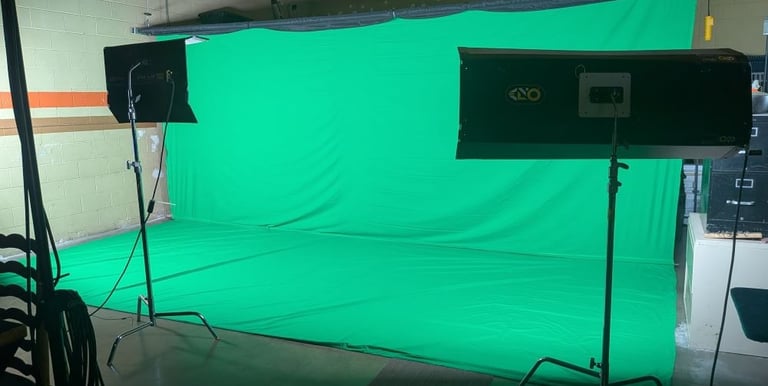 South bays 20 foot green black and white screen for video podcast production with kino flo lights
