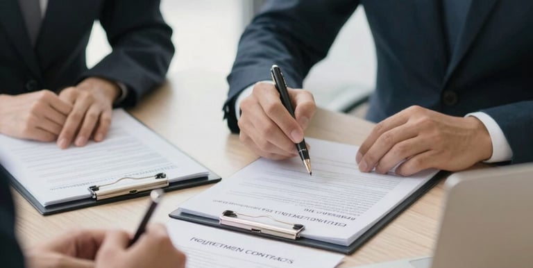 Close-up of a handshake between lawyer and client in a modern minimalist office.