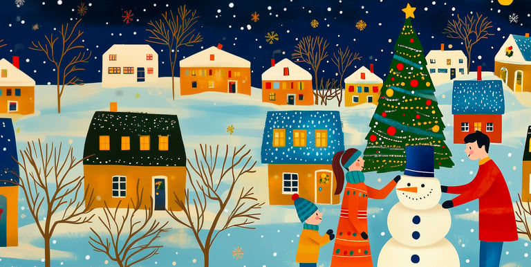 A family building a snowman in a snowy winter village with a decorated Christmas tree and falling snow.