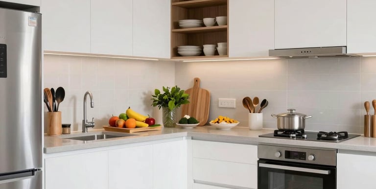 Before-and-after image of a Kerala style kitchen, left side messy with utensils scattered, right side clean and orderly with wooden shelves.