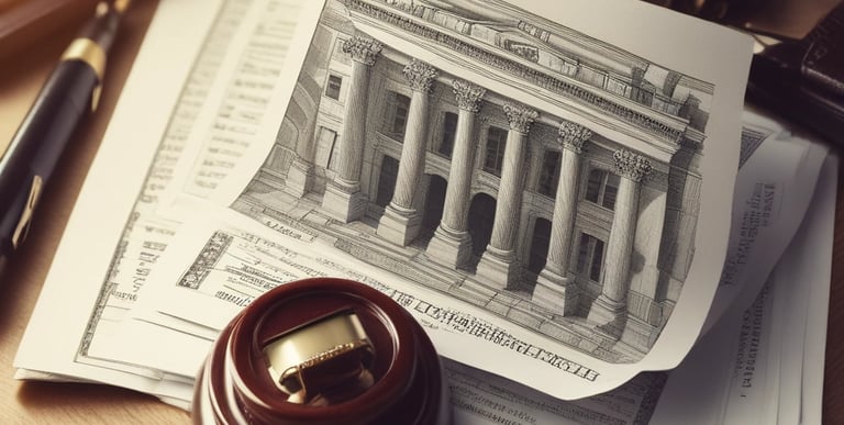 A courtroom setting with a judge and lawyers.