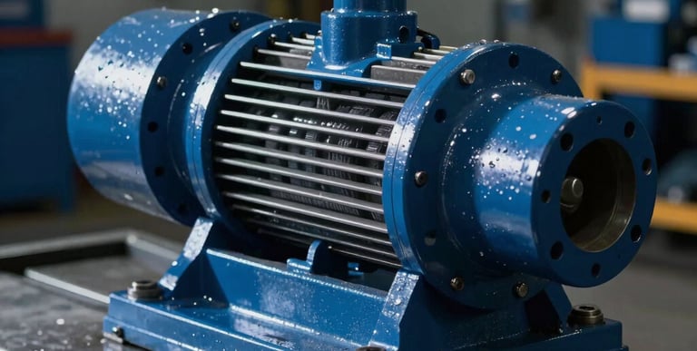 Crisp industrial photography of a heavy hydraulic pump on a steel test bench, dramatic side-lighting, metallic reflections, deep blue and steel tones, sharp focus, 50mm.