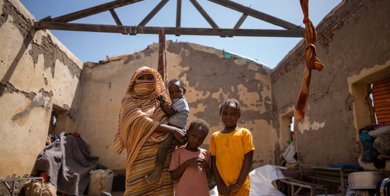 Sudanese woman and children standing inside a roofless home damaged by conflict.