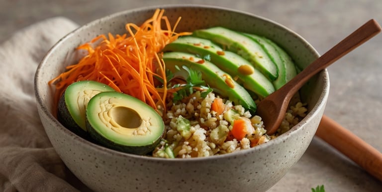 a bowl of quinoa food with avocado and avocado