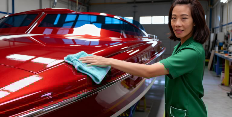 An image of A woman in a green uniform wiping the front top of a red speedboat.