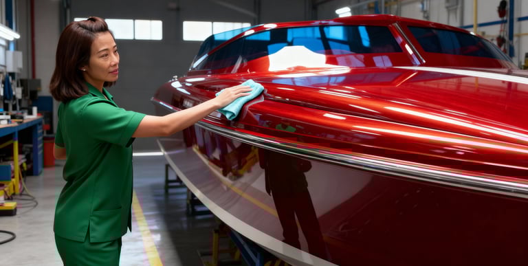 An image of A woman in a green uniform wiping the top front of a red speedboat.