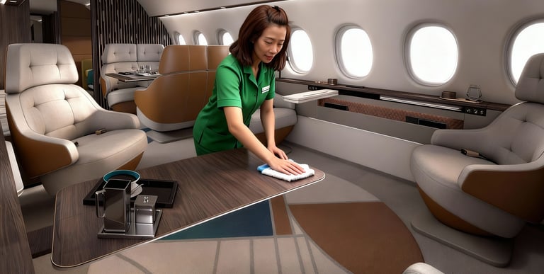 An image of a woman wiping a vinyl table top inside a corporate jet.